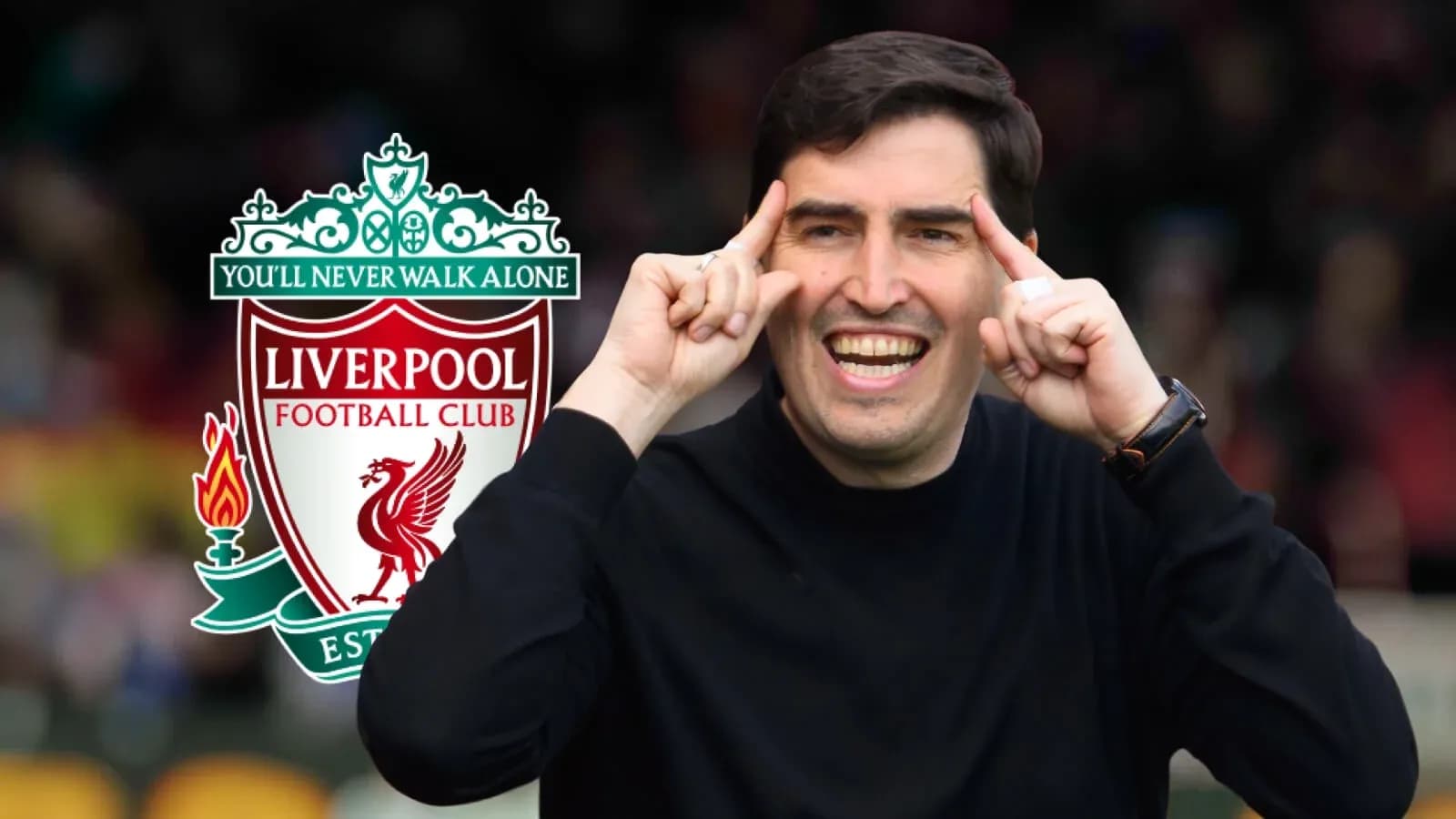 Entrenador señalando con las manos en fondo de Liverpool FC Entrenador señalando con las manos en fondo de Liverpool FC