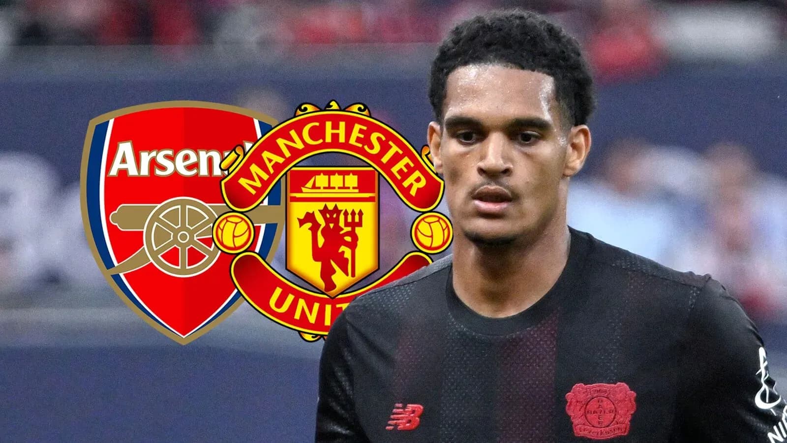 Jugador en primer plano con logos de Arsenal y Manchester United Jugador en primer plano con logos de Arsenal y Manchester United