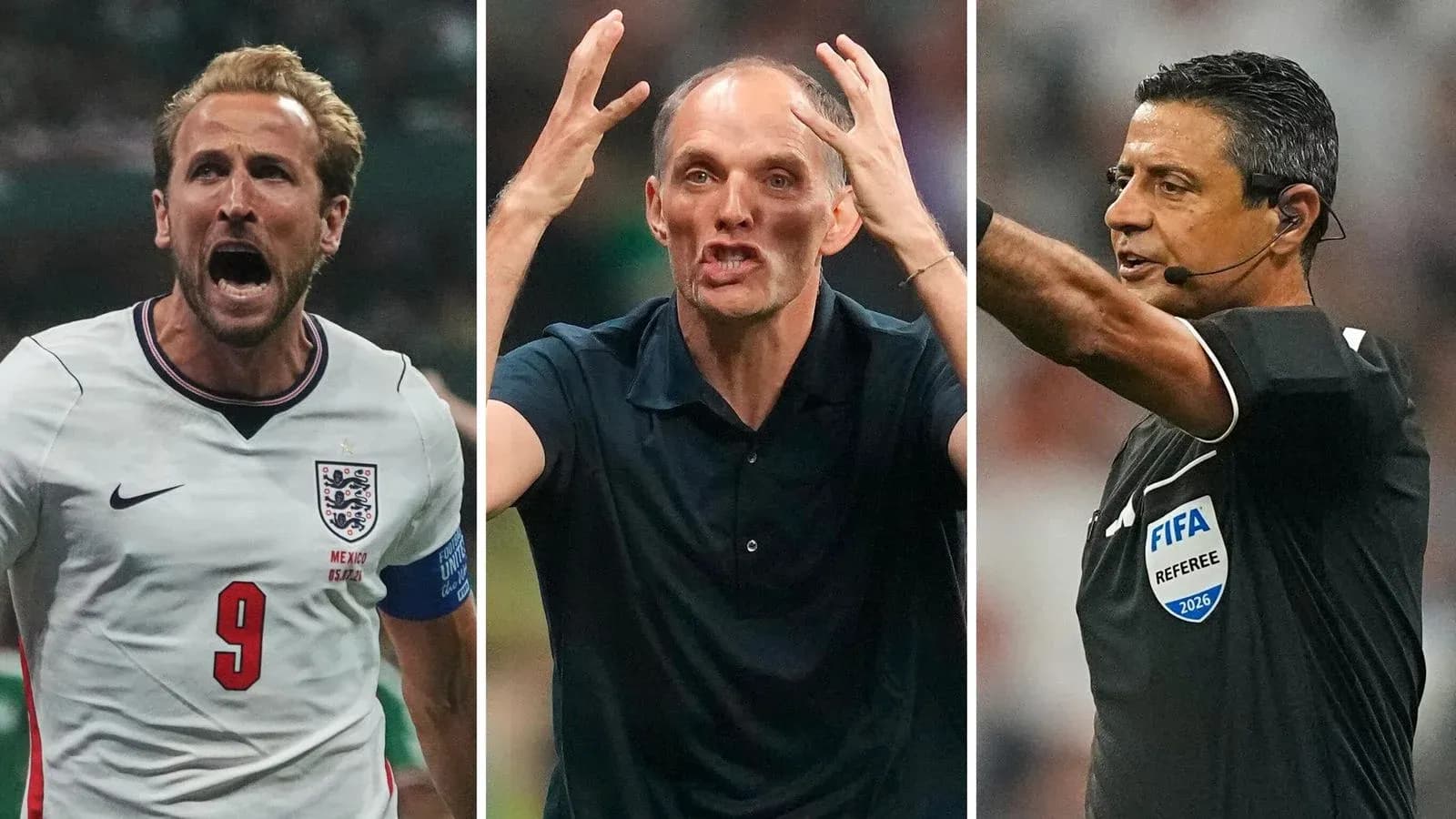Harry Kane, Thomas Tuchel, y árbitro durante partido Harry Kane, Thomas Tuchel, y árbitro durante partido