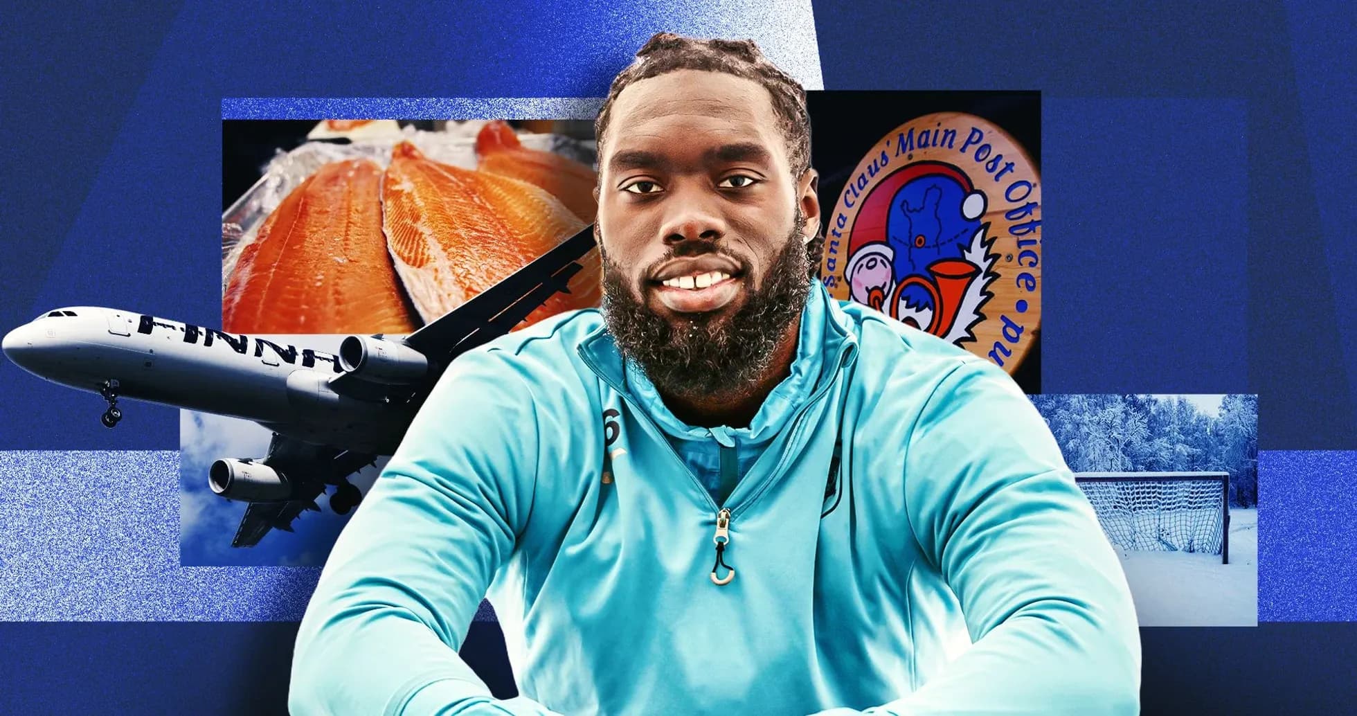 Jugador sonriente con fondo de elementos diversos Jugador sonriente con fondo de elementos diversos
