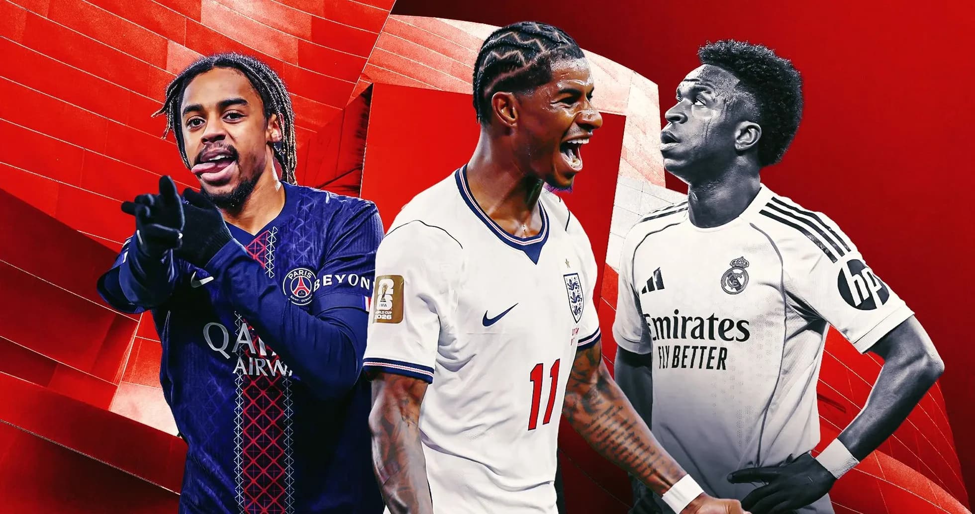 Tres jugadores de fútbol con fondo rojo Tres jugadores de fútbol con fondo rojo
