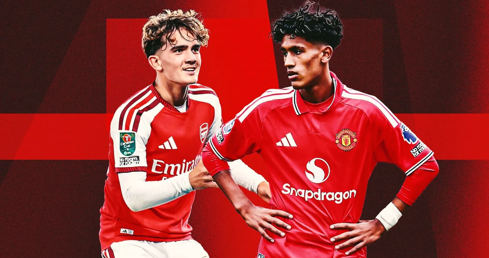 Jugadores de Arsenal y Manchester United en fondo rojo Jugadores de Arsenal y Manchester United en fondo rojo