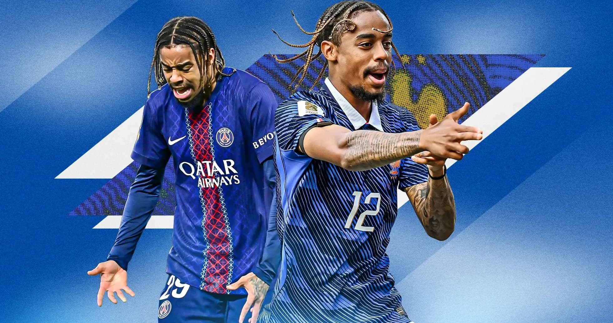 Dos jugadores de fútbol con camisetas de PSG y selección Dos jugadores de fútbol con camisetas de PSG y selección