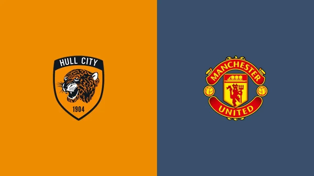Logos de Hull City y Manchester United en fondo dividido Logos de Hull City y Manchester United en fondo dividido
