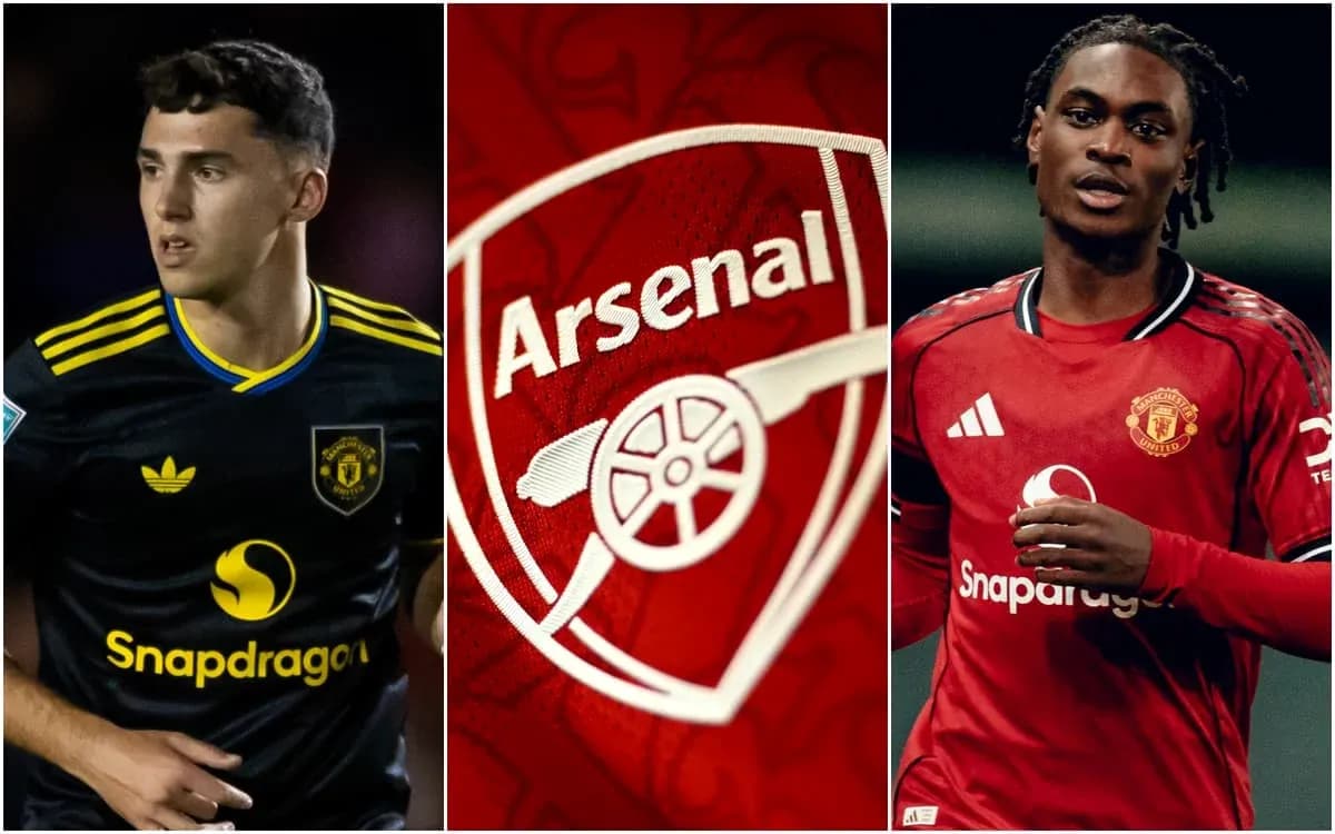Jugadores de Arsenal y Manchester United junto al logo Jugadores de Arsenal y Manchester United junto al logo