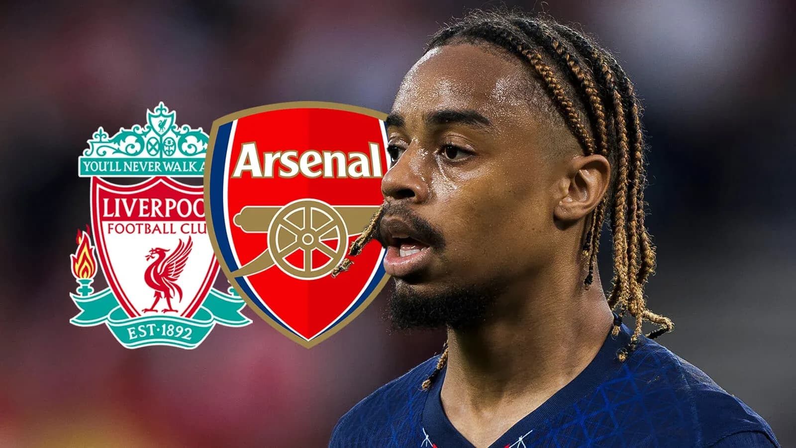 Jugador con trenzas frente a logos de Liverpool y Arsenal Jugador con trenzas frente a logos de Liverpool y Arsenal