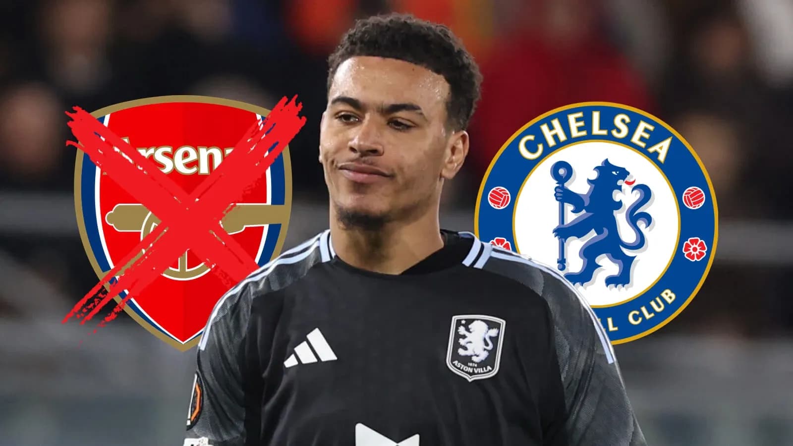Jugador con uniforme de Aston Villa entre logotipos de Arsenal y Chelsea Jugador con uniforme de Aston Villa entre logotipos de Arsenal y Chelsea