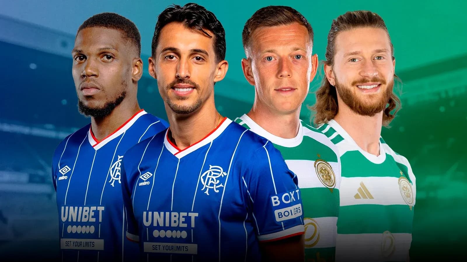 Jugadores de Rangers y Celtic posando en uniforme Jugadores de Rangers y Celtic posando en uniforme