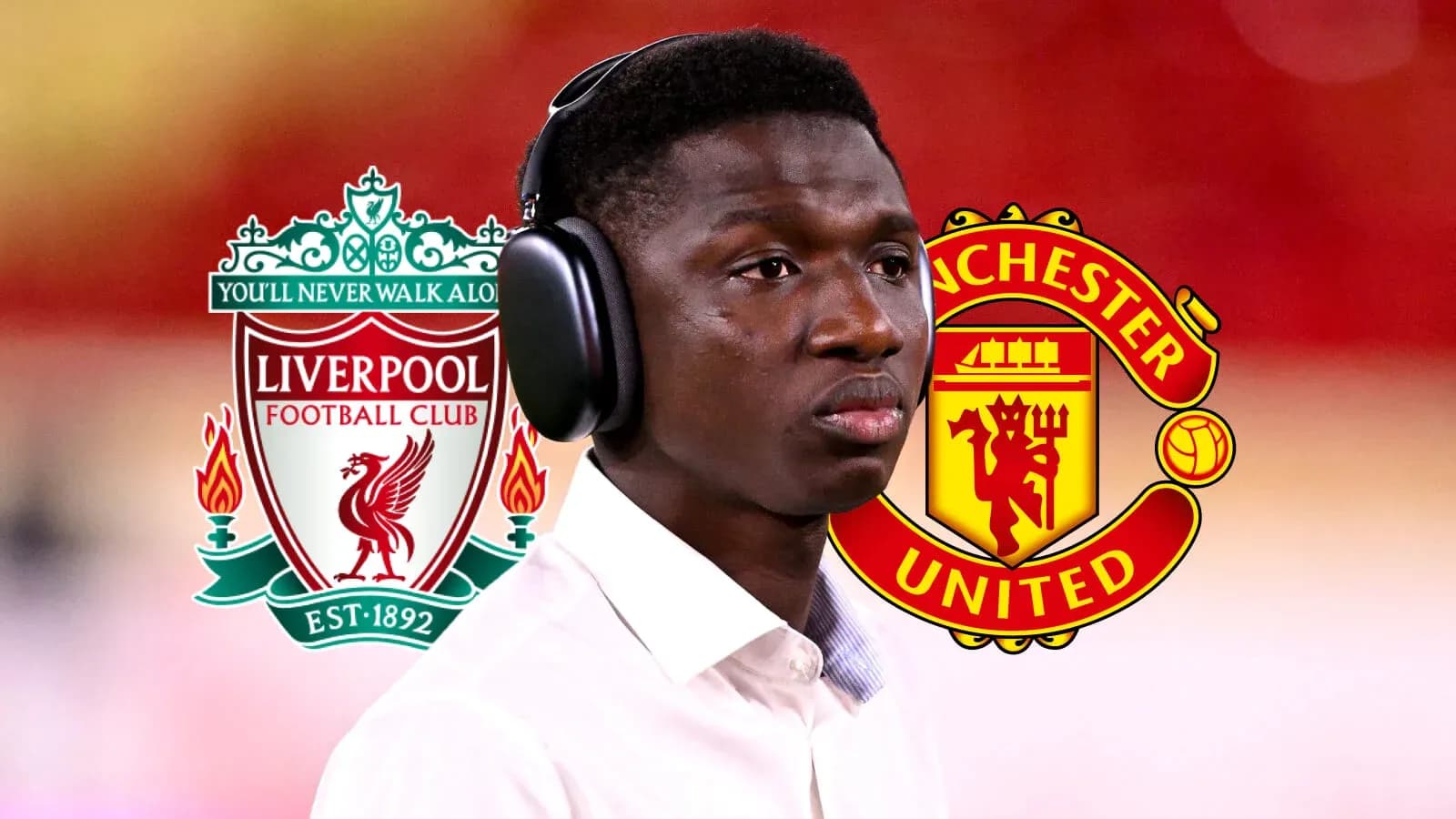 Jugador con auriculares frente a logos de Liverpool y Manchester United Jugador con auriculares frente a logos de Liverpool y Manchester United