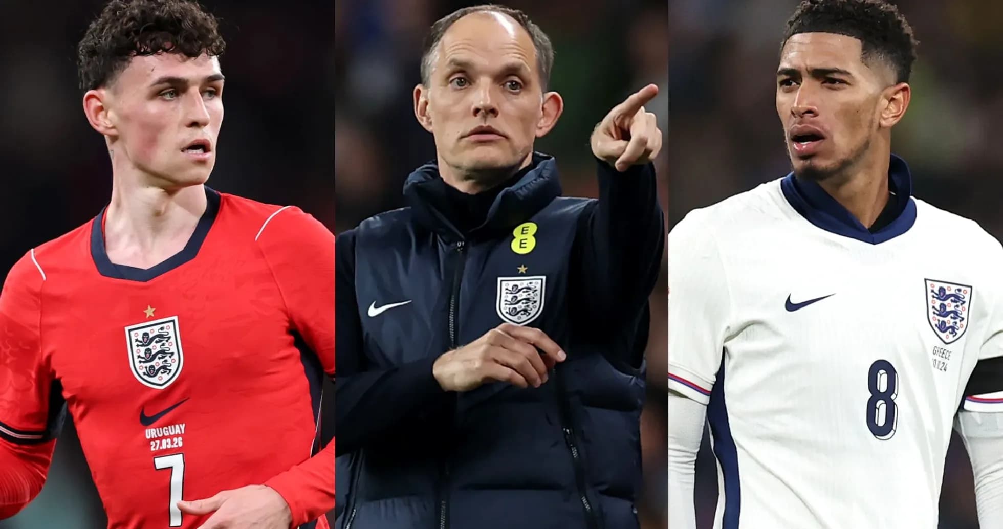 Tres jugadores de Inglaterra en el campo de juego Tres jugadores de Inglaterra en el campo de juego