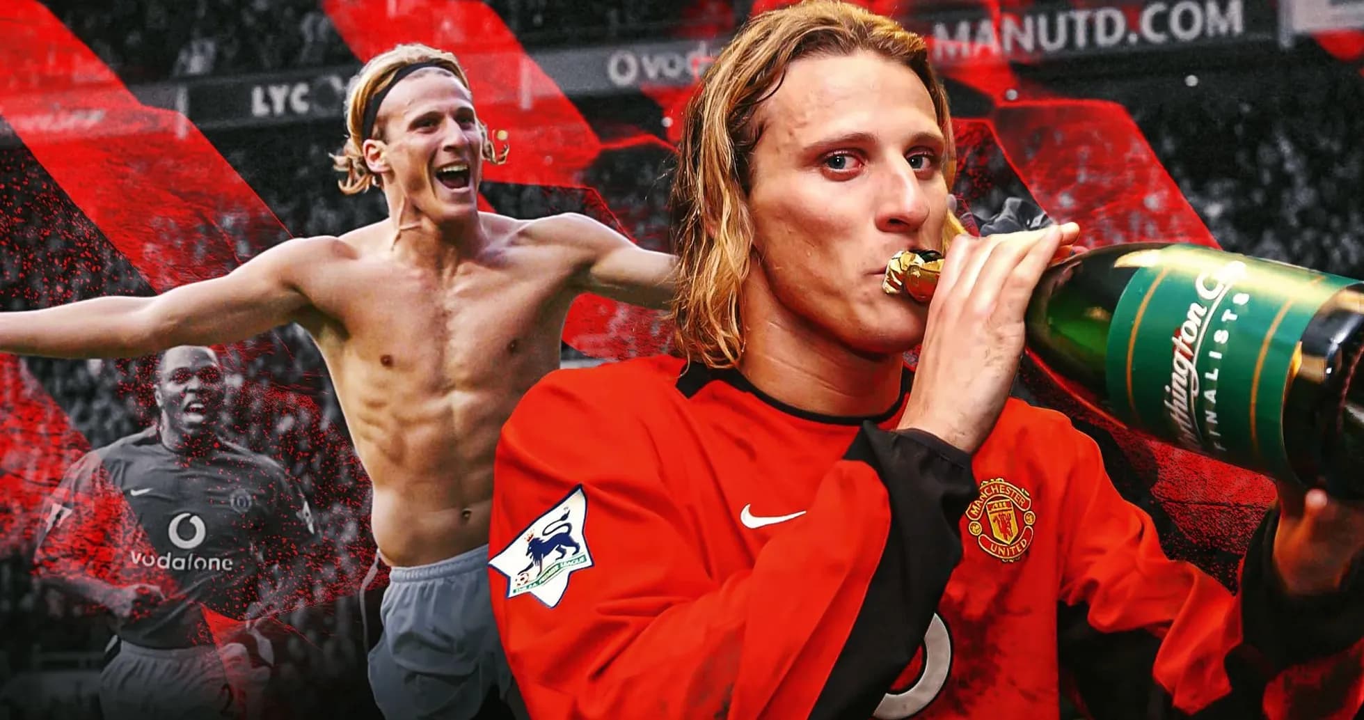 Jugador de Manchester United celebrando con champán Jugador de Manchester United celebrando con champán