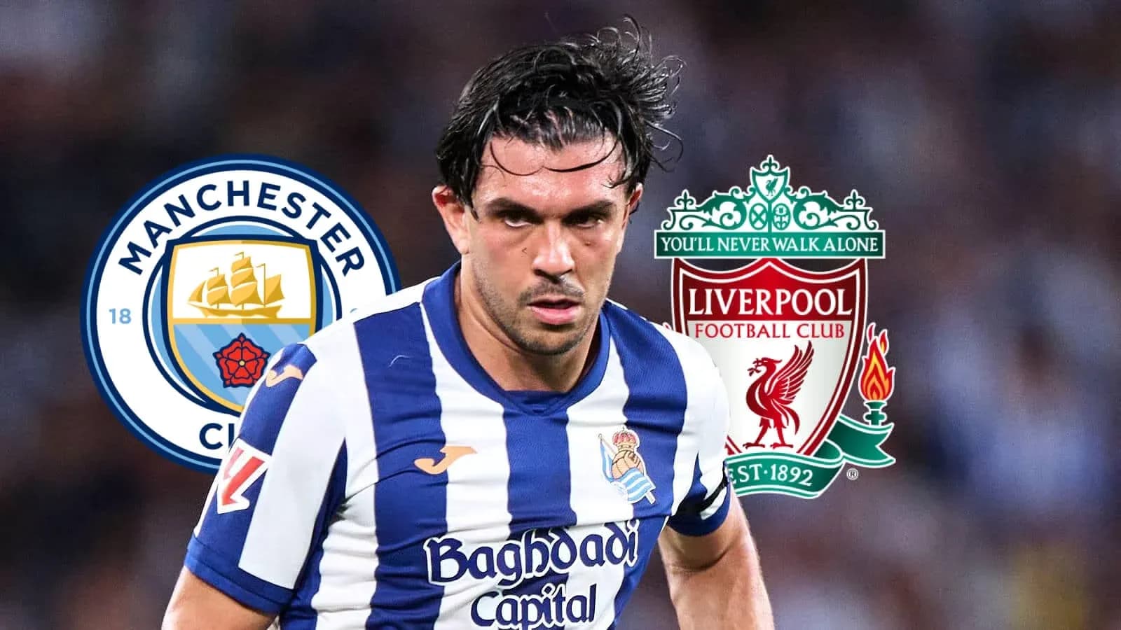 Jugador de la Real Sociedad con logos de Manchester City y Liverpool Jugador de la Real Sociedad con logos de Manchester City y Liverpool