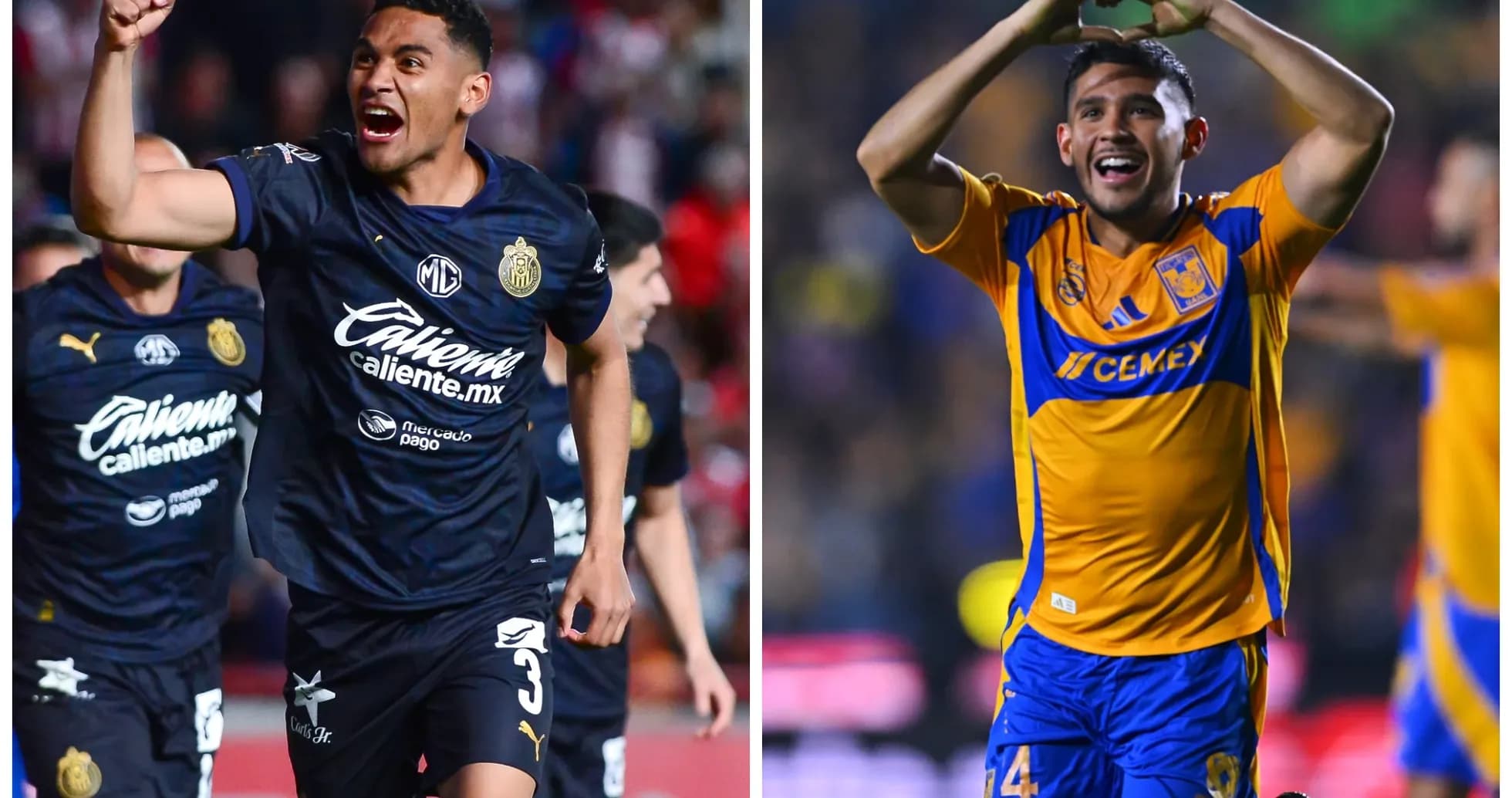 Jugadores de Tigres y Chivas celebrando goles Jugadores de Tigres y Chivas celebrando goles