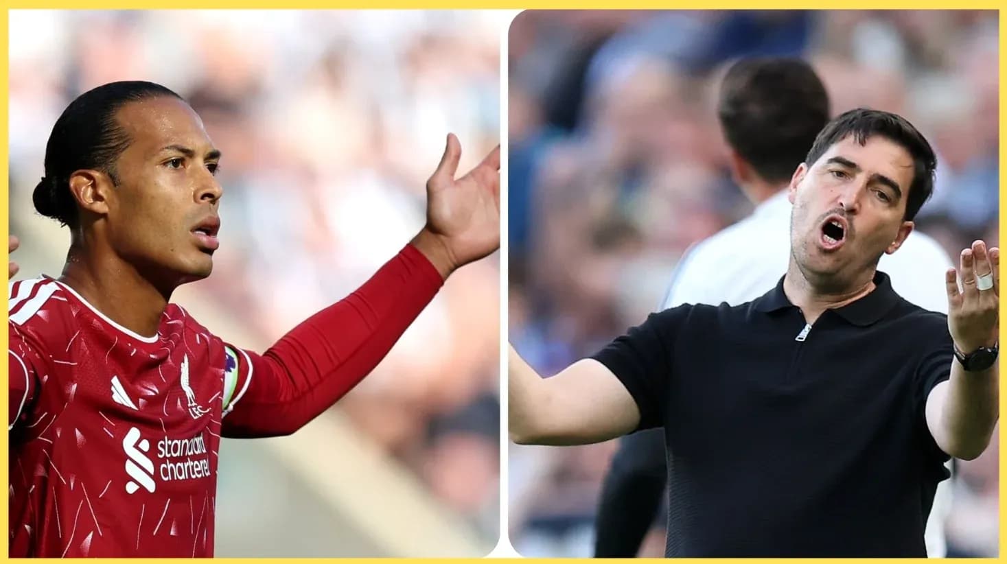 Jugador de Liverpool y entrenador gesticulando en el partido Jugador de Liverpool y entrenador gesticulando en el partido