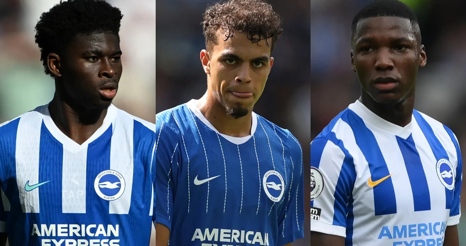 Tres jugadores de Brighton & Hove Albion en uniforme Tres jugadores de Brighton & Hove Albion en uniforme