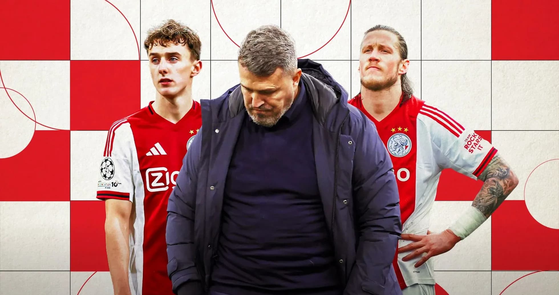Jugadores y entrenador de Ajax sobre fondo gráfico Jugadores y entrenador de Ajax sobre fondo gráfico