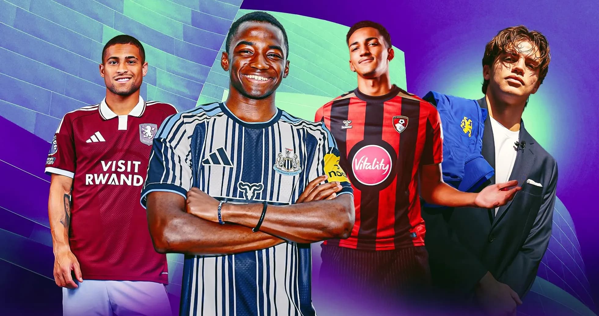 Cuatro jugadores de fútbol en camisetas de clubes Cuatro jugadores de fútbol en camisetas de clubes