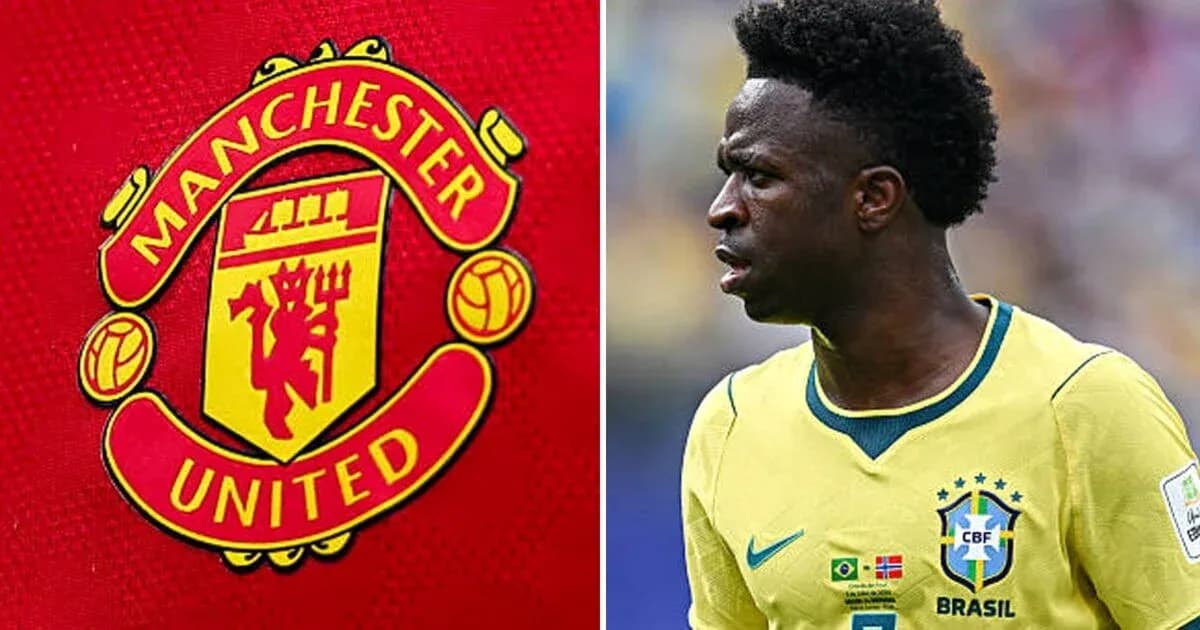 Logotipo de Manchester United y jugador brasileño en acción Logotipo de Manchester United y jugador brasileño en acción