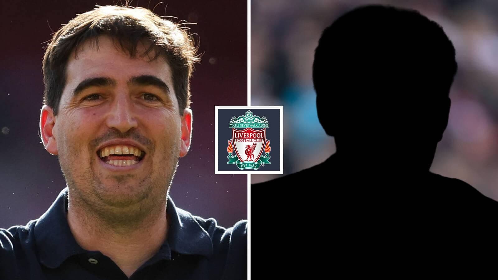 Entrenador sonriente junto al logo de Liverpool Entrenador sonriente junto al logo de Liverpool